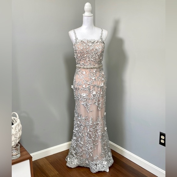 MONTAGE by Mon Cheri - Silver/Nude Embroidered Lace & Tulle Gown - Picture 2 of 16